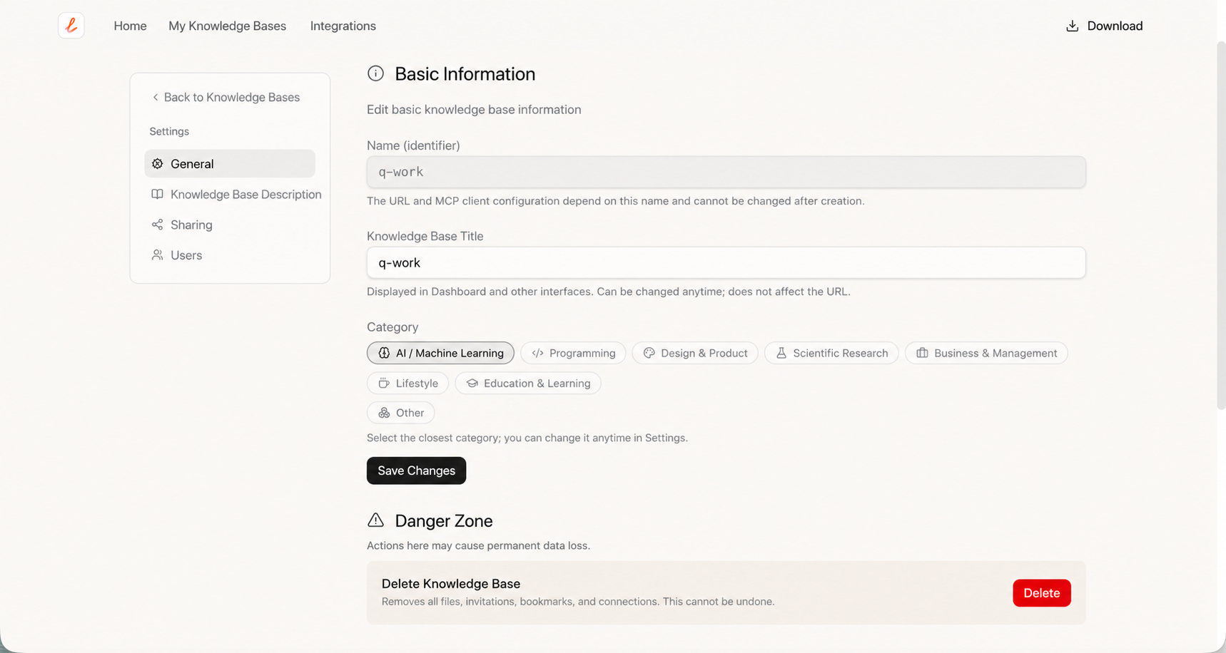Cloud knowledge base settings