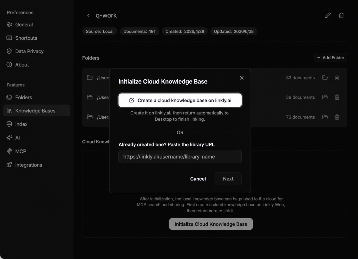 Initialize a cloud knowledge base