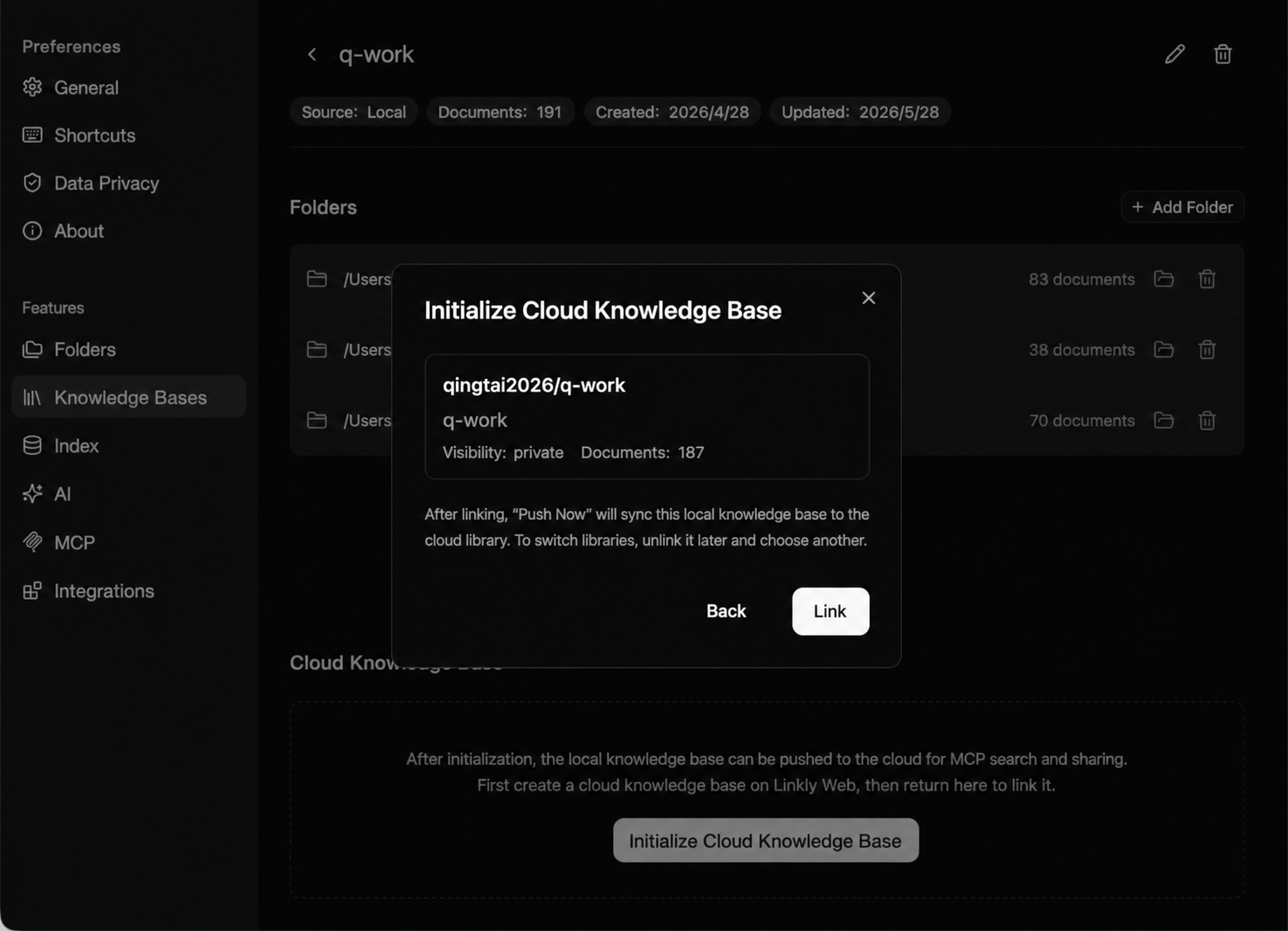 Link a local knowledge base to the cloud