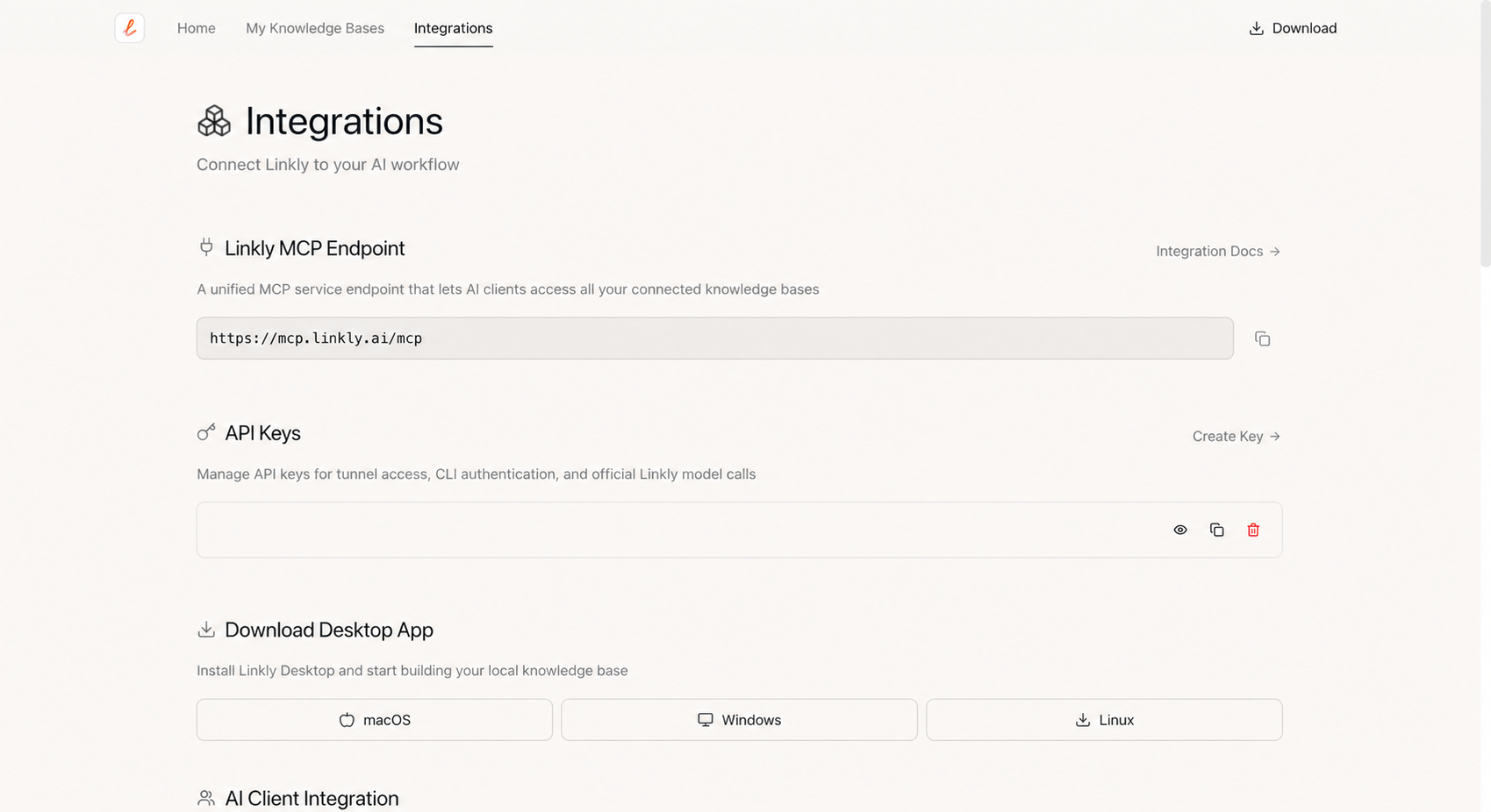 Linkly MCP endpoint and API keys