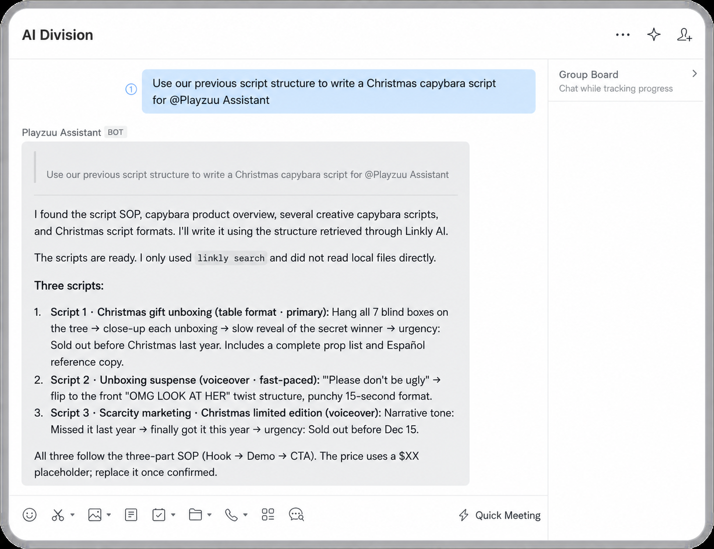 An AI teammate in a WeCom group uses team knowledge to draft a script