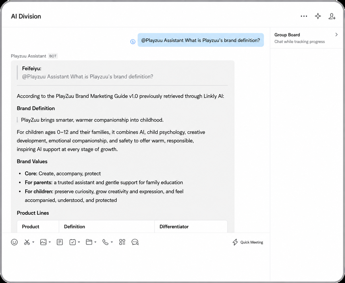 The WeCom teammate answers a product question using a brand handbook retrieved through Linkly AI