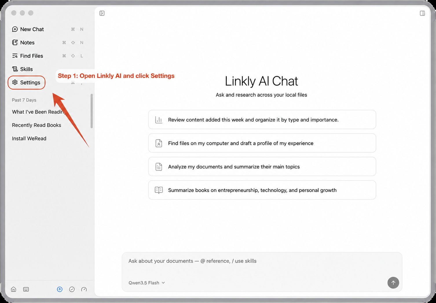 Open the knowledge-base settings in the Linkly AI desktop app