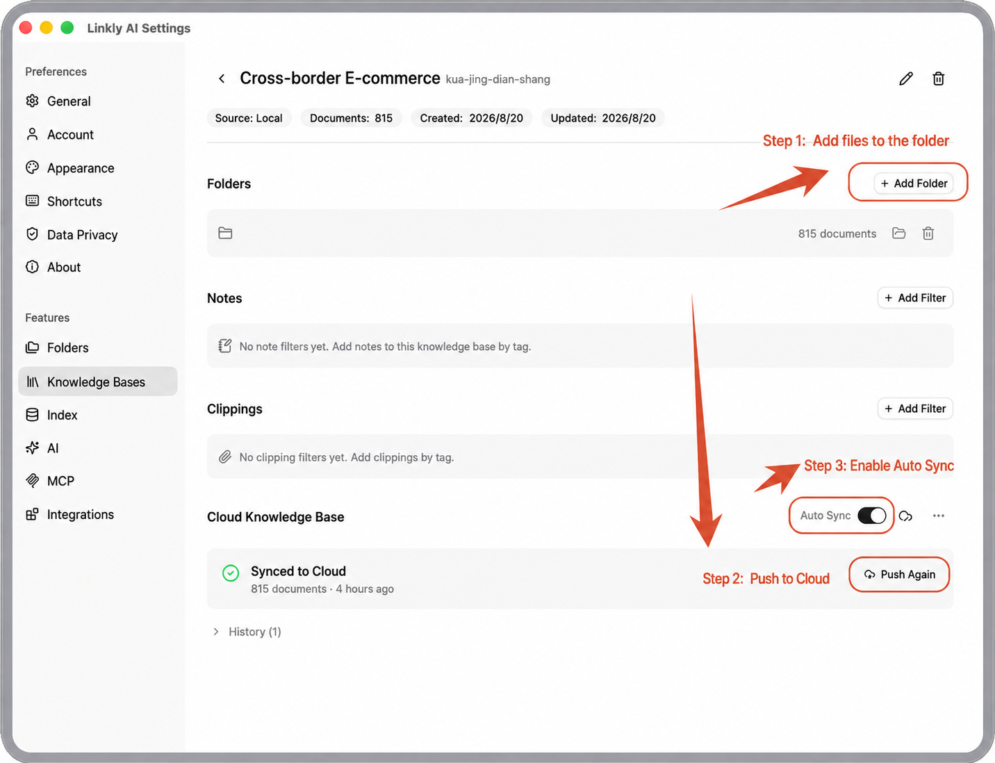 Add local folders and push the knowledge base to the cloud