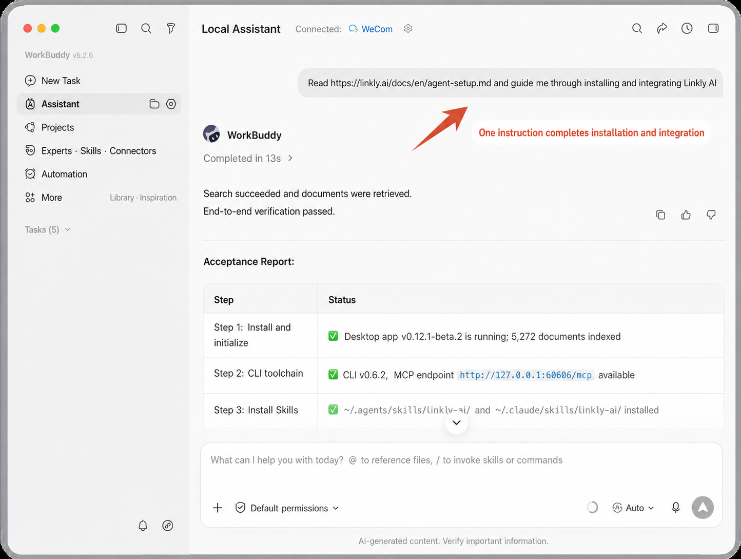 WorkBuddy completes the Linkly AI installation, integration, and read test