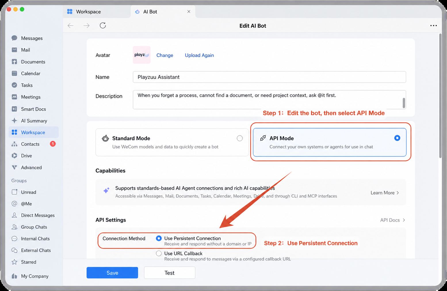 Use a persistent connection in WeCom to receive messages and return responses